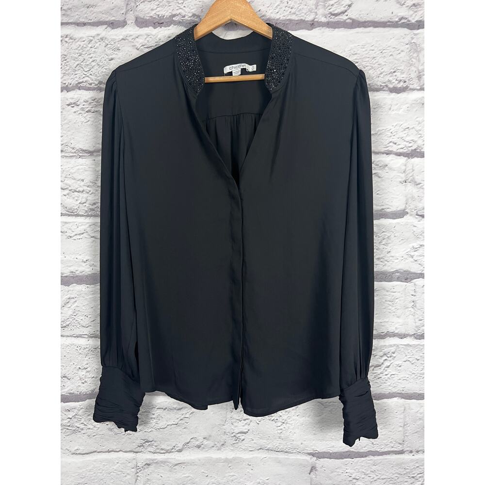 Chico's‎ Womens M Dark Academia Corporate Office Siren Rhinestone Collar Top - Picture 3 of 12